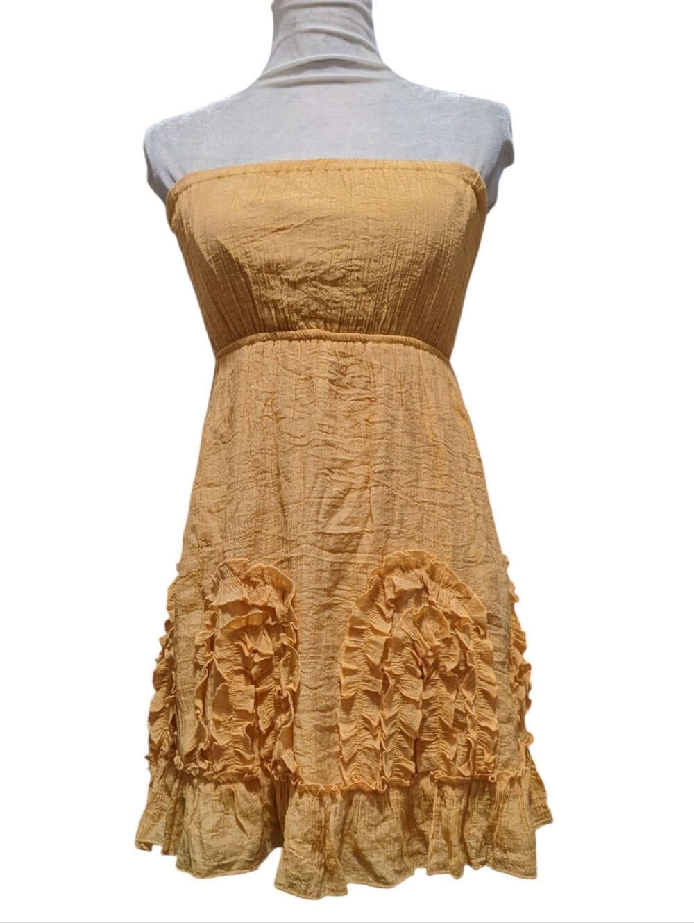Strapless Ruffled Shirred Sun Dress in Goldenrod Lined Junior Small